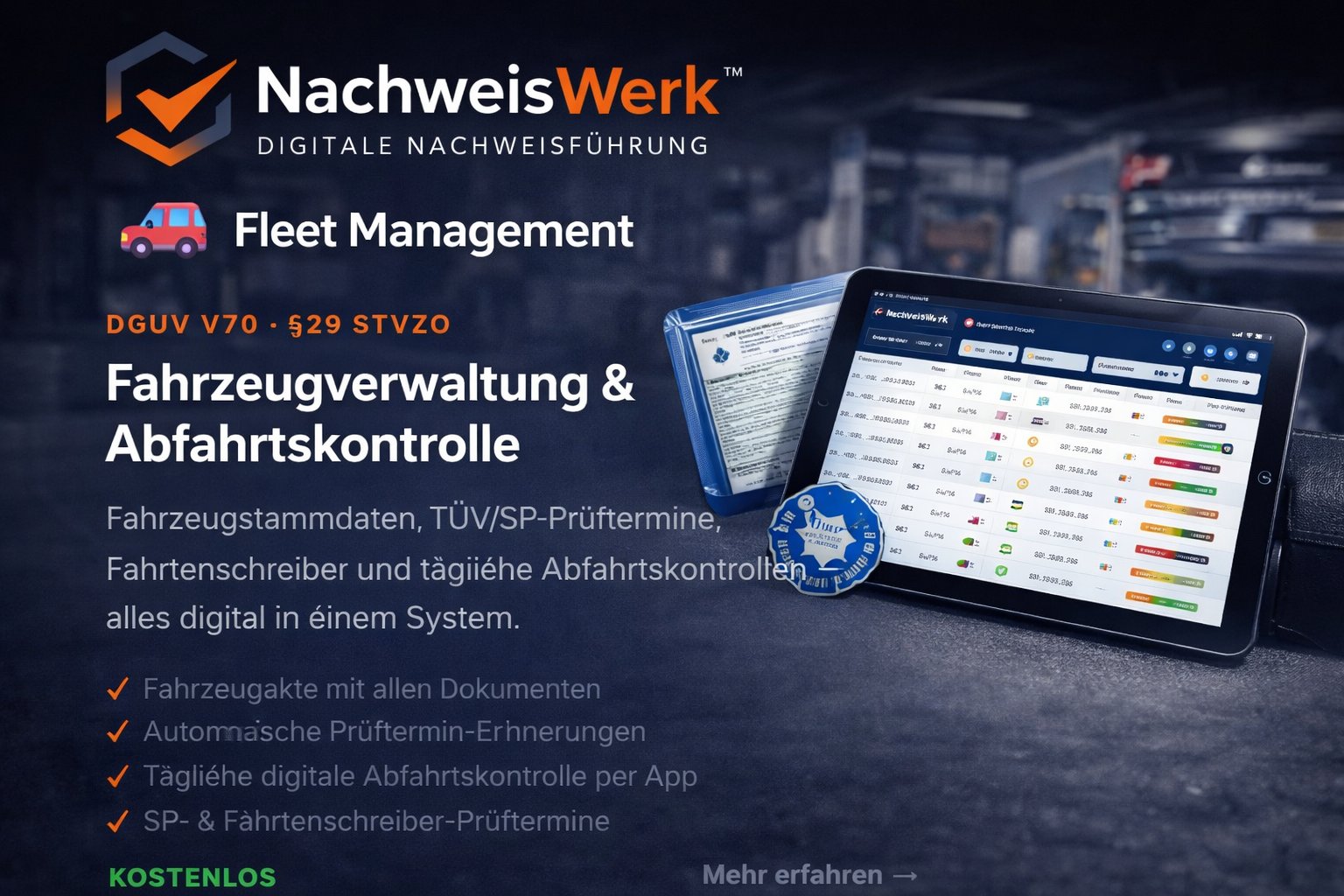 NachweisWerk™ Fahrzeugverwaltung & Abfahrtskontrolle – Fleet Management Dashboard