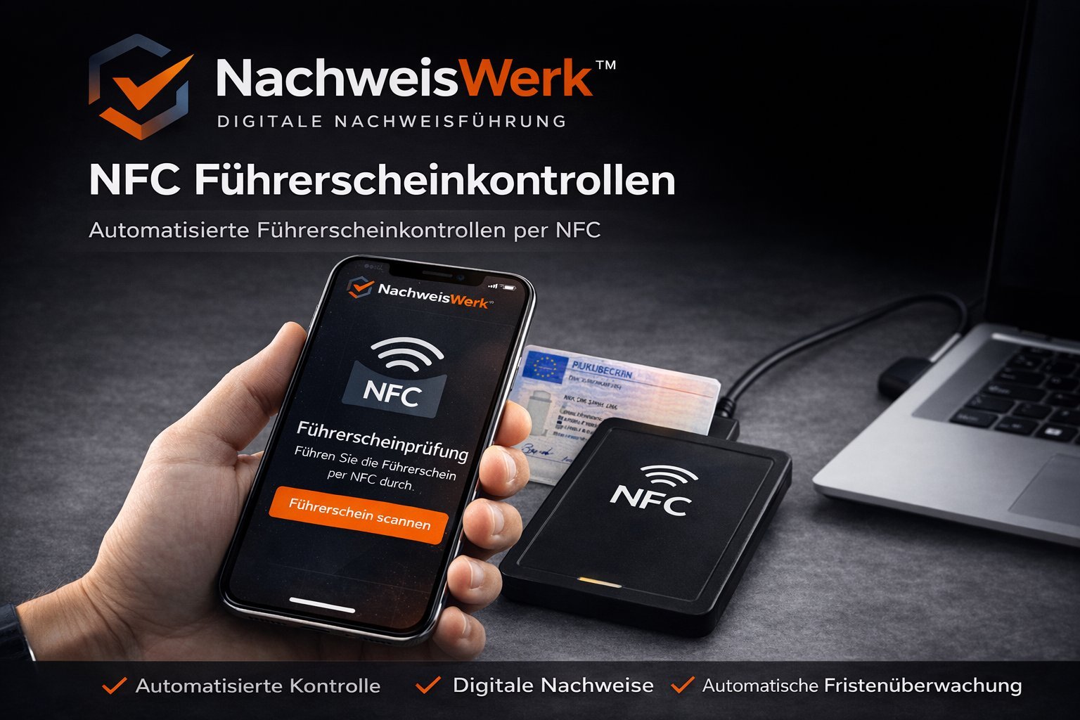 NachweisWerk™ NFC Führerscheinkontrolle – Smartphone und NFC-Reader mit Führerschein